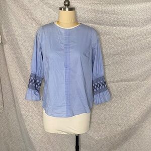 Blue Blouse Long Sleeve Tee Embroidered Sleeve Ukrainian Style Rubber Band